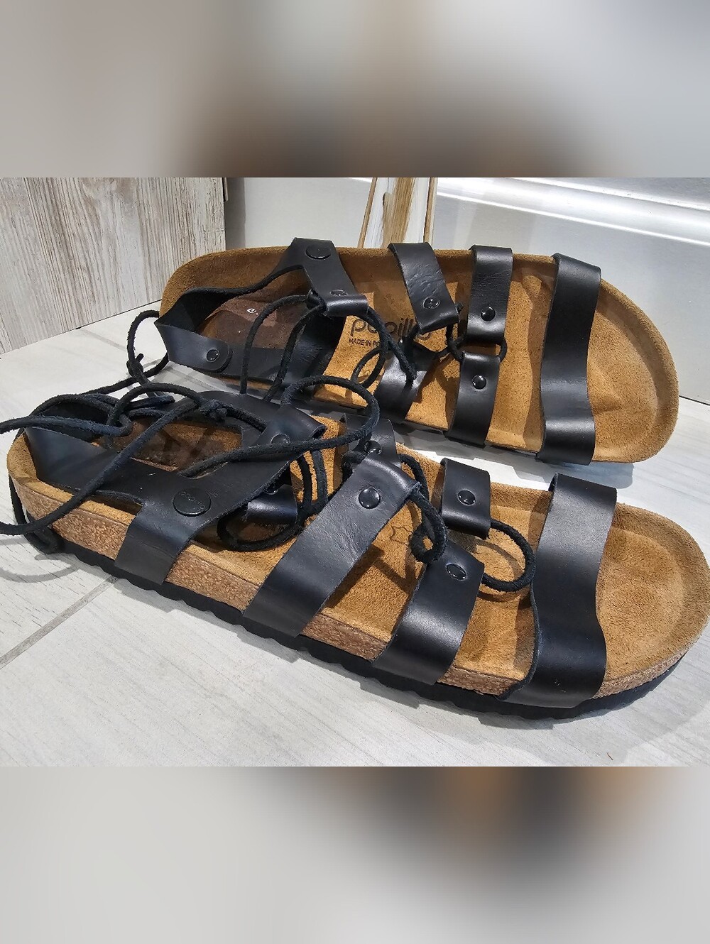 Papillio Birkenstock Black Lace Up Strappy Cork Footbed Sandals Size 41 New